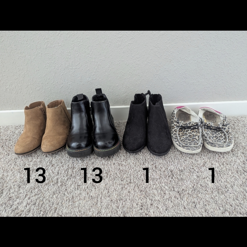 Ankle Boots.  And Hey Dudes. Sizes Listed For Each Shoe